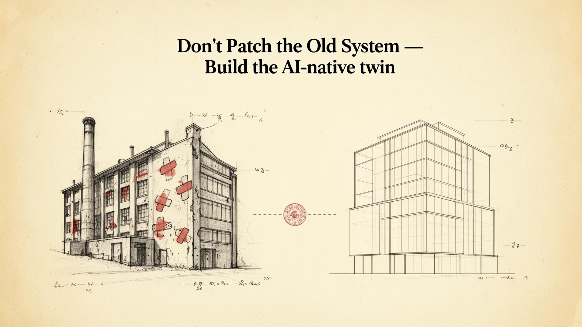 Old patched factory beside a clean modern AI-native twin building